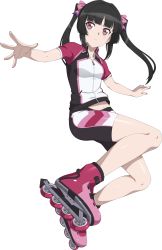 Rule 34 | 1girl, absurdres, bike shorts, black hair, black shorts, bow, chuunioniika, floating hair, full body, groin, hair bow, hair intakes, highres, long hair, looking to the side, midriff, nail polish, outstretched arms, parted lips, pink bow, pink footwear, red eyes, roller skates, senki zesshou symphogear, shiny skin, short sleeves, shorts, skates, solo, stomach, transparent background, tsukuyomi shirabe, wing collar, zipper