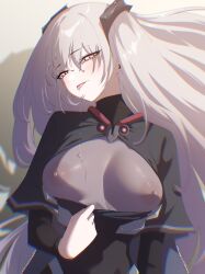 Rule 34 | 1girl, 4sm98, absurdres, beak (girls&#039; frontline), blush, breasts, breasts apart, chromatic aberration, commentary, english commentary, girls&#039; frontline, highres, long hair, looking at viewer, nipples, pink eyes, saliva, saliva on breasts, saliva trail, sangvis ferri, solo, tongue, upper body, white hair
