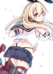 Rule 34 | 10s, 1girl, ass, black panties, blonde hair, blush, butt crack, crop top, elbow gloves, from behind, gloves, grey eyes, hair ribbon, hairband, highleg, highleg panties, highres, kantai collection, long hair, looking back, microskirt, otokuyou, panties, ribbon, sailor collar, shimakaze (kancolle), skirt, smile, solo, striped clothes, striped thighhighs, thighhighs, thong, underwear, whale tail (clothing), white gloves