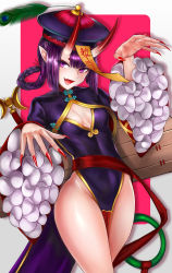Rule 34 | 1girl, :d, absurdres, braid, breasts, center opening, china dress, chinese clothes, cleavage, covered navel, cropped jacket, dress, fangs, fate/grand order, fate (series), fingernails, frilled sleeves, frills, hat, hat feather, heroic spirit chaldea park outfit, highres, horns, jacket, jiangshi, long fingernails, long hair, long sleeves, looking at viewer, medium breasts, nail polish, no panties, ofuda, oni, open mouth, outstretched arms, peacock feathers, pelvic curtain, pointy ears, purple dress, purple eyes, purple hair, purple jacket, qingdai guanmao, red nails, sash, shuten douji (fate), shuten douji (festival outfit) (fate), side slit, skin-covered horns, smile, solo, twin braids, wide sleeves, ytoy, zombie pose