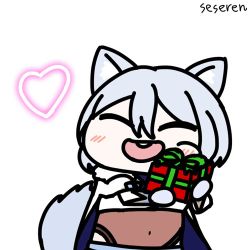 Rule 34 | 1girl, animal ears, animated, animated gif, box, closed eyes, gift, gift box, happy, heart, lowres, navel, open mouth, seseren, short hair, tail, tail wagging