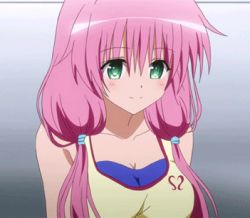 Rule 34 | 10s, 1girl, animated, animated gif, blush, breasts, green eyes, lala satalin deviluke, large breasts, lowres, pink hair, smile, to love-ru, to love-ru darkness, twintails