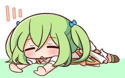 Rule 34 | 1girl, :o, blue bow, blush, boots, bow, brown dress, brown footwear, chibi, commentary request, dress, closed eyes, full body, green background, green hair, green legwear, hair bow, hana kazari, highres, lying, on stomach, outstretched arms, pants, parted lips, puffy short sleeves, puffy sleeves, shalsha (slime taoshite 300 nen), shirt, short sleeves, sleeveless, sleeveless dress, slime taoshite 300 nen shiranai uchi ni level max ni nattemashita, solo, twintails, two-tone background, white background, white pants, white shirt