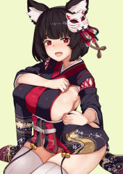 Rule 34 | 1girl, alternate costume, animal ears, azur lane, bell, black hair, black kimono, blunt bangs, breasts, commentary request, green background, hai ookami, hair ornament, highres, japanese clothes, kimono, large breasts, looking at viewer, mask, md5 mismatch, open mouth, red eyes, resolution mismatch, short hair, sideboob, simple background, sitting, slit pupils, solo, source larger, thighhighs, white thighhighs, wide sleeves, yamashiro (azur lane)