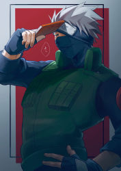 Rule 34 | 1boy, book, fingerless gloves, forehead protector, gloves, hand on own hip, hatake kakashi, headband, highres, holding, holding book, jacket, looking at viewer, male focus, mask, naruto, naruto (series), one eye covered, short hair, solo, white hair