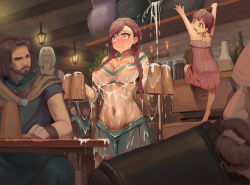 Rule 34 | 2girls, 5boys, alcohol, areola slip, barmaid, beer, blush, braid, breasts, brown hair, child, collarbone, covered erect nipples, covered navel, durin (liangzi tai hongcha), highres, holding, indoors, isher&#039;s daughter (liangzi tai hongcha), isher (liangzi tai hongcha), large breasts, liangzi tai hongcha, long hair, mother and daughter, multiple boys, multiple girls, navel piercing, nipples, original, piercing, see-through, siblings, sisters, slit pupils, stomach, suggestive fluid, tears, twin braids, twintails, wet, wine