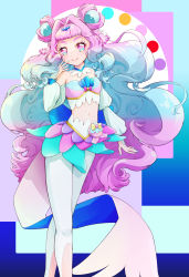 Rule 34 | 1girl, a syu z, back bow, blue background, blue hair, blue nails, bow, breasts, crop top, cure la mer, detached collar, detached sleeves, eyelash ornament, heart, heart in eye, highres, laura la mer, layered skirt, leggings, long hair, magical girl, multicolored eyes, multicolored hair, nail polish, pearl hair ornament, pink background, pink hair, pouch, precure, skirt, small breasts, solo, symbol in eye, thick eyelashes, tropical-rouge! precure, two-tone hair, very long hair, white leggings, white sleeves