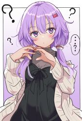 Rule 34 | !?, 1girl, ?, black dress, black ribbon, cardigan, dress, grey background, grey sweater, hair between eyes, hair ornament, hairclip, heart, heart hands, long hair, long sleeves, looking at viewer, low twintails, nation1213, open cardigan, open clothes, pinafore dress, purple eyes, purple hair, ribbon, sleeveless, sleeveless dress, solo, speech bubble, spoken interrobang, standing, sweater, twintails, voiceroid, white cardigan, yuzuki yukari