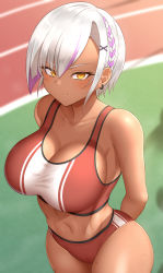 Rule 34 | 1girl, arms behind back, bare arms, bare shoulders, braid, breasts, cleavage, collarbone, dark-skinned female, dark skin, ear piercing, fina (yasojima nejiro), from above, grey hair, highres, large breasts, looking at viewer, looking up, mole, mole on breast, mole on chest, mole under eye, multicolored hair, navel, original, outdoors, piercing, purple hair, short hair, solo, sports bra, streaked hair, tan, two-tone sports bra, yasojima nejiro, yellow eyes