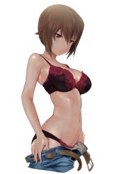 Rule 34 | 10s, 1girl, bad id, bad twitter id, belt, bra, breasts, brown eyes, brown hair, cleavage, denim, girls und panzer, highres, inactive account, jeans, large breasts, nishizumi maho, no shirt, open fly, panties, pants, short hair, simple background, solo, underwear, undressing, unzipped, wa (genryusui), white background