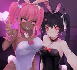 Rule 34 | 2girls, animal ears, asymmetrical docking, black choker, black hair, blush, breast press, breasts, censored, censored nipples, chain, chained, choker, closed mouth, collarbone, commentary, dark-skinned female, dark skin, ear piercing, earrings, face filter, fake animal ears, fake whiskers, fang, grin, hair ornament, hair ribbon, hand up, heart, heart censor, jewelry, large breasts, leotard, long hair, looking at viewer, medium breasts, medium hair, multiple girls, nail polish, navel, navel piercing, nude, ompf, original, paid reward available, piercing, pink choker, pink eyes, pink hair, pink nails, playboy bunny, rabbit ears, reaching, reaching towards viewer, red eyes, ribbon, smile, star (symbol), star hair ornament, symbol-shaped pupils, teeth, topless, translated, twintails, upper body, v, wrist cuffs