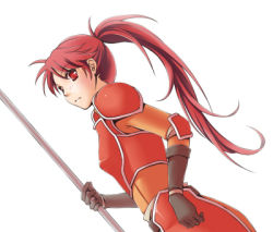 Rule 34 | 1girl, armor, fire emblem, fire emblem: path of radiance, fire emblem: radiant dawn, gloves, jill (fire emblem), lowres, nintendo, polearm, ponytail, red armor, red eyes, red hair, solo, spear, weapon, wyvern rider
