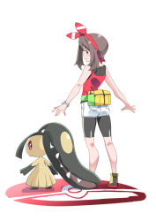 Rule 34 | 1girl, bow hairband, bracelet, brown eyes, brown hair, commentary request, creatures (company), fanny pack, from behind, game freak, gen 3 pokemon, hairband, imitating, jewelry, looking back, mawile, may (pokemon), nintendo, pokemon, pokemon (creature), pokemon oras, satsuki imonet, shorts, solo, white shorts