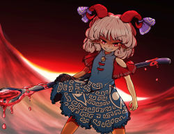 Rule 34 | 1girl, astu penguin, blue dress, curly hair, detached sleeves, dress, earrings, highres, holding spork, horn ornament, horn ribbon, horns, jewelry, meandros, oversized object, patterned clothing, pointy ears, red eyes, red horns, red sleeves, ribbon, sharp teeth, sheep horns, spork, standing, teeth, touhou, toutetsu yuuma, v-shaped eyebrows, white hair