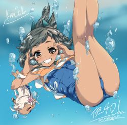 Rule 34 | 2girls, air bubble, ass, blue one-piece swimsuit, brown eyes, brown hair, bubble, grin, hair ornament, hairclip, highres, i-401 (kancolle), kantai collection, kugimiya atsuki, looking at viewer, multiple girls, one-piece swimsuit, one-piece tan, ponytail, ro-500 (kancolle), sailor collar, school swimsuit, short ponytail, smile, solo focus, swimsuit, swimsuit under clothes, tan, tanline, underwater