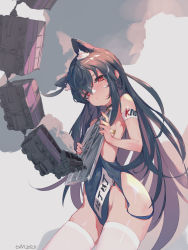 Rule 34 | 1girl, animal ear fluff, animal ears, arm strap, artist name, bandaid, bandaids on nipples, bare hips, black choker, black hair, black one-piece swimsuit, blush, borrowed character, breasts, cat ears, cat girl, choker, closed mouth, clothes pull, clothes writing, cloud, competition swimsuit, day, dm (dai miao), from below, glint, hair between eyes, highres, long hair, looking at viewer, looking down, model train, multicolored hair, one-piece swimsuit, one-piece swimsuit pull, original, outdoors, pasties, purple hair, red eyes, sideboob, small breasts, solo, swimsuit, thighhighs, two-tone hair, very long hair, white thighhighs, xingye (xing)