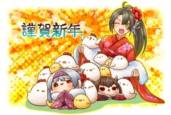 Rule 34 | 10s, :d, ;d, ahoge, alternate costume, alternate hairstyle, bird, black hair, chibi, chick, chicken, commentary request, folded ponytail, grey hair, hair ornament, hairband, japanese clothes, kantai collection, kimono, long hair, looking at viewer, one eye closed, open mouth, ponytail, seiza, short hair, shoukaku (kancolle), sitting, smile, sweat, taihou (kancolle), translated, yumaru (marumarumaru), zuikaku (kancolle)