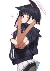 Rule 34 | 1girl, ;|, absurdres, animal ears, black hair, black jacket, black pantyhose, blue archive, blush, cat ears, colored inner hair, extra ears, foreshortening, halo, highres, hood, hooded jacket, jacket, kazusa (blue archive), looking at viewer, looking to the side, multicolored hair, pantyhose, pink hair, pleated skirt, red eyes, school uniform, short hair, simple background, skirt, solo, two-tone hair, v