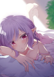 Rule 34 | 1girl, absurdres, bare arms, bare shoulders, bed sheet, beni kurage, blurry, blurry background, collarbone, commentary request, depth of field, dress, hair between eyes, head tilt, highres, indoors, legs up, long hair, looking at viewer, lying, no shoes, on stomach, pantyhose, parted lips, pink dress, pointy ears, purple eyes, purple hair, remilia scarlet, soles, solo, strap slip, touhou, white pantyhose