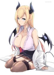 Rule 34 | 1girl, aqua eyes, bat tattoo, bat wings, blonde hair, blouse, breast tattoo, breasts, cleavage, collared shirt, demon girl, demon horns, demon tail, frilled shirt, frills, garter straps, highres, hololive, horns, kichihachi, kneeling, lab coat, lace, lace-trimmed legwear, lace trim, large breasts, long hair, long sleeves, off shoulder, pencil skirt, pointy ears, shirt, simple background, skirt, sleeveless, sleeveless shirt, sleeves past wrists, solo, straight hair, swept bangs, tail, tattoo, thighhighs, twitter username, virtual youtuber, white background, wings, yuzuki choco, yuzuki choco (1st costume), zettai ryouiki