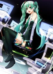 Rule 34 | 1girl, bad id, bad pixiv id, boots, detached sleeves, green eyes, green hair, hatsune miku, long hair, matching hair/eyes, necktie, open mouth, rituiti, sitting, skirt, solo, thigh boots, thighhighs, twintails, very long hair, vocaloid