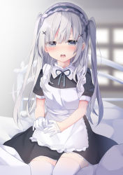 Rule 34 | 1girl, absurdres, apron, bad id, bad pixiv id, bed, black dress, blue ribbon, blurry, blurry background, blush, collared dress, commentary request, cowboy shot, depth of field, dress, frilled apron, frills, glove pull, gloves, grey eyes, hair between eyes, hair ornament, highres, long hair, looking at viewer, maid, neck ribbon, on bed, open mouth, original, puffy short sleeves, puffy sleeves, ribbon, round teeth, short sleeves, silver hair, sitting, solo, teeth, thighhighs, tsuruse, two side up, upper body, upper teeth only, very long hair, white apron, white gloves, white thighhighs, window, x hair ornament