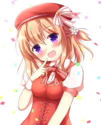 Rule 34 | 1girl, :d, bad id, bad pixiv id, beret, blush, bow, collared shirt, commentary request, confetti, finger to mouth, flower, gochuumon wa usagi desu ka?, hair between eyes, hair flower, hair ornament, hat, hat bow, hoto cocoa, kedama (kedama akaza), light brown hair, long hair, one side up, open mouth, puffy short sleeves, puffy sleeves, purple eyes, red hat, red vest, shirt, short sleeves, simple background, smile, solo, striped, striped bow, vest, white background, white bow, white flower, white shirt, wrist cuffs