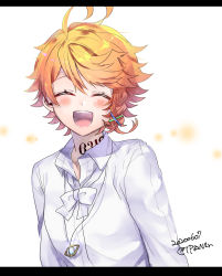 Rule 34 | 1girl, ^ ^, closed eyes, duplicate, emma (yakusoku no neverland), hair ornament, highres, jewelry, letterboxed, long sleeves, neck tattoo, necklace, number tattoo, open mouth, orange hair, pixel-perfect duplicate, shirt, short hair, smile, tattoo, tp82n1r, white background, white shirt, yakusoku no neverland