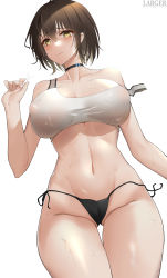 Rule 34 | 1girl, absurdres, ahoge, artist name, azur lane, baltimore (azur lane), baltimore (black ace) (azur lane), bare shoulders, black panties, blush, braid, breasts, brown hair, chinese commentary, choker, cleavage, closed mouth, collarbone, commentary, covered erect nipples, cowboy shot, french braid, groin, hair between eyes, highres, large breasts, larger bmx, looking at viewer, lying, navel, official alternate costume, on back, panties, shadow, short hair, side-tie panties, sidelocks, simple background, solo, sports bra, stomach, strap slip, sweat, thigh gap, underwear, untied panties, wet bra, white background, white sports bra, yellow eyes