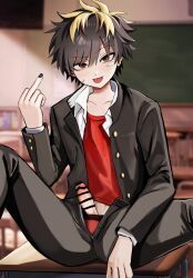 Rule 34 | 1boy, :p, absurdres, bandaid, bandaid on face, bar censor, black hair, black jacket, black nails, black pants, blurry, blurry background, censored, chalkboard, classroom, collarbone, desk, erection, gakuran, highres, indoors, jacket, looking at viewer, male focus, male underwear, messy hair, middle finger, on desk, open clothes, open fly, open jacket, original, pants, penis, penis out, red male underwear, red shirt, school uniform, shirt, short hair, solo, spread legs, tongue, tongue out, tsurime, underwear, yumotopon