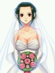 Rule 34 | 1girl, alternate costume, bouquet, bridal veil, bride, brown eyes, dress, flower, green hair, highres, holding, holding bouquet, looking at viewer, makino (one piece), one piece, open mouth, short hair, simple background, solo, veil, wedding dress, white background, yumiyokiak