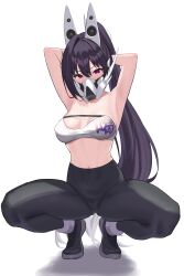 Rule 34 | 1girl, armpits, arms behind head, arms up, bandeau, black hair, black pants, breasts, cleavage, gluteal fold, goddess of victory: nikke, hair between eyes, headgear, high-waist pants, high ponytail, highres, long hair, looking at viewer, mask, medium breasts, mouth mask, pants, purple eyes, sin (nikke), socks, solo, spread legs, squatting, strapless, tiptoes, white background, white socks, xi oshir1, yoga pants