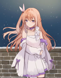 Rule 34 | 1girl, brick wall, collarbone, dress, girls&#039; frontline, hair ornament, highres, long hair, multico, night, one side up, pink hair, purple eyes, sleeveless, sleeveless dress, smile, solo, st ar-15 (girls&#039; frontline), st ar-15 (top hat drifting to the flowers) (girls&#039; frontline), upper body, white dress