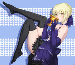 Rule 34 | 1girl, absurdres, alcohol, artoria pendragon (all), artoria pendragon (fate), backless dress, backless outfit, bare shoulders, black skirt, black thighhighs, blonde hair, blue background, blue bow, blue choker, blue dress, blue gloves, blush, bow, braid, breasts, chalice, choker, covered erect nipples, cup, darkmuleth, dress, drinking, elbow gloves, fate/grand order, fate (series), floating, french braid, frilled skirt, frills, from side, full body, gloves, chalice, halter dress, halterneck, highres, holding, holding cup, large breasts, leg up, looking at viewer, miniskirt, saber alter, skirt, strap gap, thighhighs, triangle, wine, yellow eyes
