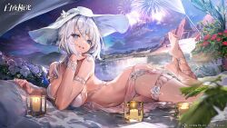 Rule 34 | 1girl, ai-assisted, alchemy stars, azure (alchemy stars), bad id, bad twitter id, bare shoulders, barefoot, bikini, blanket, blue eyes, blurry, blurry foreground, breasts, candle, cloud, company name, copyright name, feet, fireworks, flower, grey hair, hat, highres, lake, large breasts, legs, long hair, looking at viewer, lying, messikid, mountainous horizon, navel, official art, on side, open mouth, outdoors, pillow, smile, soles, solo, sun hat, swimsuit, thigh strap, toes, water, white bikini, white hat, wristband
