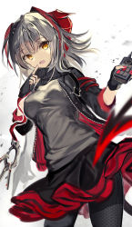 Rule 34 | 1girl, :d, arknights, black gloves, black jacket, black pants, black skirt, breasts, commentary, cowboy shot, demon girl, demon horns, demon tail, finger to mouth, fingerless gloves, fuepo, gloves, grey shirt, highres, holding, horns, index finger raised, jacket, long sleeves, looking at viewer, medium breasts, miniskirt, multicolored hair, nail polish, open clothes, open jacket, open mouth, pants, red hair, red nails, revision, shirt, short hair, shushing, silver hair, simple background, skirt, smile, solo, streaked hair, tail, tight clothes, tight pants, two-tone hair, w (arknights), white background, yellow eyes