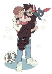 Rule 34 | 1boy, 1other, absurdres, aron, black footwear, black hair, black shirt, black skirt, blue pants, blush, bracelet, brown eyes, brown hair, carrying, closed eyes, commentary, commission, creatures (company), english commentary, full body, game freak, gen 2 pokemon, gen 3 pokemon, glasses, highres, hood, hood down, hoodie, jewelry, long skirt, looking at another, magicact, mohawk, nintendo, open mouth, original, pants, pokemon, pokemon (creature), shirt, shoes, short hair, short sleeves, simple background, skirt, smile, sneakers, sneasel, spiked bracelet, spikes, standing, star (symbol), white background, white footwear