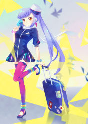 Rule 34 | 1girl, blue hair, brown eyes, flight attendant, hat, holding, long hair, looking at viewer, omuni, original, pink thighhighs, ponytail, smile, solo, suitcase, thighhighs, travel attendant, zettai ryouiki