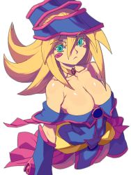 Rule 34 | 1girl, aliasing, bare shoulders, blonde hair, breasts, cape, choker, cleavage, dark magician girl, duel monster, female focus, green eyes, hat, highres, large breasts, long hair, looking at viewer, magician girl, metata, shiny skin, simple background, solo, upper body, white background, wizard hat, yu-gi-oh!, yu-gi-oh! duel monsters
