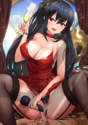 Rule 34 | 1girl, ahoge, alcohol, azur lane, bad id, bad pixiv id, bare shoulders, beluga dolphin, black hair, black panties, blush, breasts, censored, choker, cleavage, clothing aside, cocktail dress, collarbone, cum, cum in pussy, cup, dress, drooling, female masturbation, hair between eyes, hair ornament, highres, holding, holding cup, large breasts, long hair, looking at viewer, masturbation, mosaic censoring, object insertion, open mouth, cum overflow, panties, panties aside, phonograph, pussy, red choker, red dress, red eyes, smile, solo, spread legs, sweat, taihou (azur lane), taihou (forbidden feast) (azur lane), thighhighs, underwear, vaginal, vaginal object insertion, very long hair