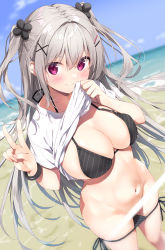 Rule 34 | 1girl, beach, bikini, bikini pull, black bikini, breasts, cleavage, closed mouth, clothes lift, clothes pull, day, grey hair, hair ornament, hairclip, halterneck, hand up, highres, large breasts, lifting own clothes, light censor, long hair, looking at viewer, navel, ocean, original, outdoors, pink eyes, ryouka (suzuya), shirt, shirt lift, short sleeves, side-tie bikini bottom, smile, solo, standing, stomach, string bikini, striped bikini, striped clothes, swimsuit, two side up, v, water, white shirt, wristband, x hair ornament