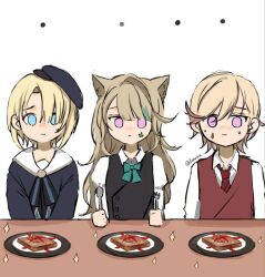 Rule 34 | ..., 1girl, 2boys, animal ears, black hat, blonde hair, blue eyes, bow, bowtie, bread, bread slice, brown hair, brown vest, cat ears, collared shirt, commentary, english commentary, food, fork, freminet (genshin impact), genshin impact, green bow, green bowtie, hat, highres, holding, holding fork, holding spoon, juliet sleeves, long hair, long sleeves, luminfch, lynette (genshin impact), lyney (genshin impact), multiple boys, necktie, pink eyes, puffy sleeves, red necktie, shirt, siblings, simple background, sparkle, spoon, table, toast, twitter username, vest, white background, white shirt
