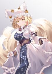 Rule 34 | 1girl, animal ears, blonde hair, blush, closed mouth, dress, feet out of frame, fox ears, fox tail, frilled dress, frilled sleeves, frills, hat, highres, long sleeves, mob cap, multiple tails, sarasadou dan, short hair, solo, tabard, tail, touhou, white dress, white hat, wide sleeves, yakumo ran, yellow eyes