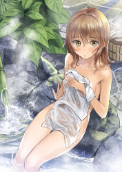 Rule 34 | 1girl, arm support, bad id, bad pixiv id, bathing, blush, breasts, cleavage, collarbone, commentary request, covering privates, from above, impossible towel, light brown hair, long hair, looking at viewer, medium breasts, naked towel, nude cover, onsen, original, see-through, sitting, solo, steam, stone, stone floor, towel, wading, water, wet, wet hair, white towel, yellow eyes, yoropa
