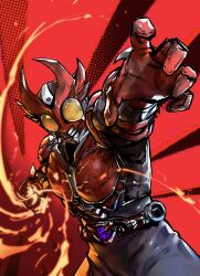 Rule 34 | 1boy, absurdres, altering (agito), armor, armored bodysuit, black bodysuit, bodysuit, commentary, compound eyes, flaming hand, highres, horns, kamen rider, kamen rider agito (burning form), kamen rider agito (series), male focus, multiple horns, murasaki no ryuuki, reaching, reaching towards viewer, red armor, red background, red horns, red theme, shoulder armor, simple background, spiked gauntlets, yellow eyes