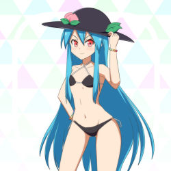 Rule 34 | &gt;:), 1girl, bare shoulders, bead bracelet, beads, bikini, black bikini, black hat, blue hair, bracelet, cato (monocatienus), commentary request, cowboy shot, flat chest, food, fruit, gluteal fold, hair between eyes, hand on headwear, hand on own hip, hat, hinanawi tenshi, jewelry, leaf, long hair, looking at viewer, navel, peach, red eyes, sidelocks, simple background, solo, swimsuit, touhou, v-shaped eyebrows, very long hair