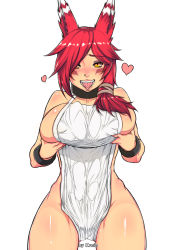 Rule 34 | 1girl, animal ears, bare legs, blush, breast hold, breasts, by spoon, covered navel, drooling, hair ornament, highres, large breasts, league of legends, looking at viewer, naughty face, open mouth, ponytail, red hair, saliva, see thru, side ponytail, sideboob, simple background, smile, solo, text focus, tongue, tongue out, wet, wet clothes, xayah, yellow eyes