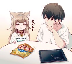 Rule 34 | 1boy, 1girl, 40hara, :t, ^ ^, animal collar, animal ear fluff, animal ears, black hair, blonde hair, cat ears, chewing, chips (food), closed eyes, closed mouth, clothes writing, collar, eating, food, hand on own cheek, hand on own face, kinako (40hara), long hair, original, red collar, shirt, short sleeves, smile, t-shirt, white shirt