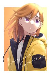 Rule 34 | 1girl, absurdres, border, commentary request, copyright name, gradient background, highres, jacket, looking to the side, love live!, love live! superstar!!, medium hair, open clothes, open jacket, orange hair, outside border, parted lips, purple eyes, s sho mkrn, shibuya kanon, shirt, solo, standing, upper body, white border, white shirt, yellow jacket