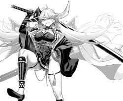 Rule 34 | 1girl, asymmetrical horns, azur lane, black gloves, breasts, dress, gloves, greyscale, hakuryuu (azur lane), high heels, highres, holding, holding sword, holding weapon, hori (hori no su), horns, huge weapon, large breasts, long hair, looking down, mismatched horns, monochrome, official art, pleated dress, sheath, skindentation, sword, unsheathing, weapon